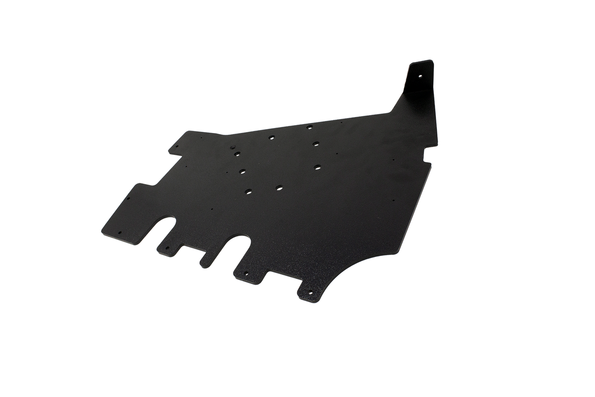 Black metal mounting plate with multiple circular cutouts and bolt holes