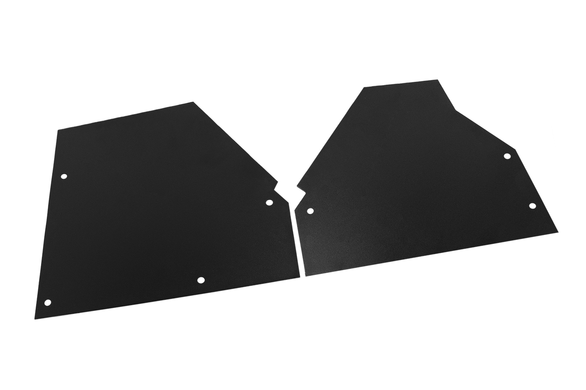 Two black metal automotive splash guard panels with pre drilled mounting holes