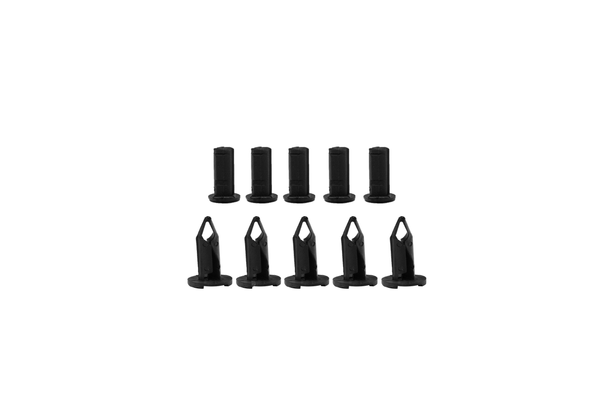 Ten black plastic automotive trim fasteners arranged in two rows
