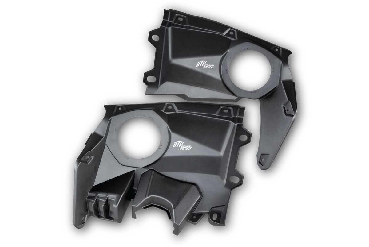 Pair of black UTV Stereo speaker kick panels for vehicle audio installation