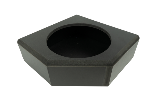 Black pentagonal speaker enclosure with a circular cutout