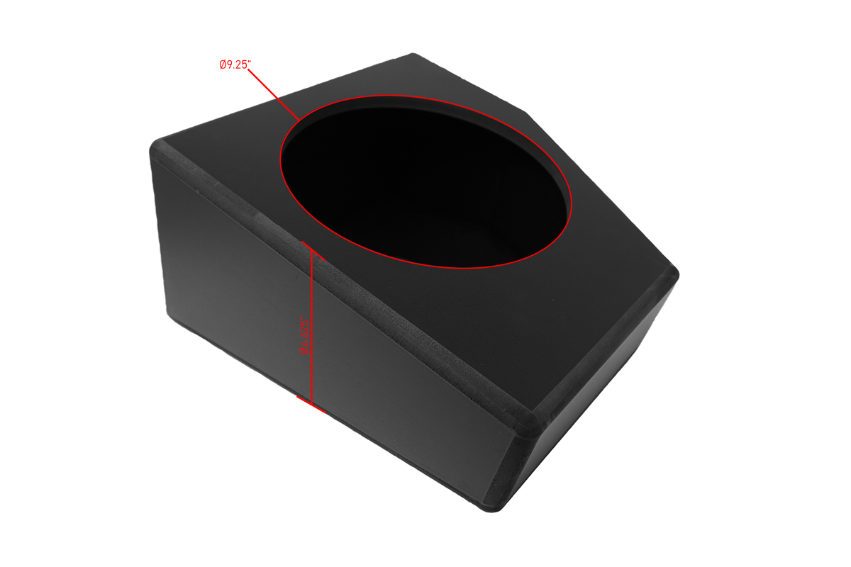 UTV Stereo black subwoofer enclosure with dimension markings