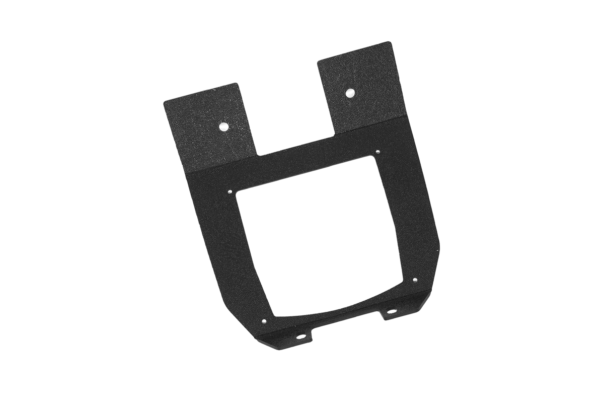 Black metal mounting bracket with a central square cutout and predrilled holes