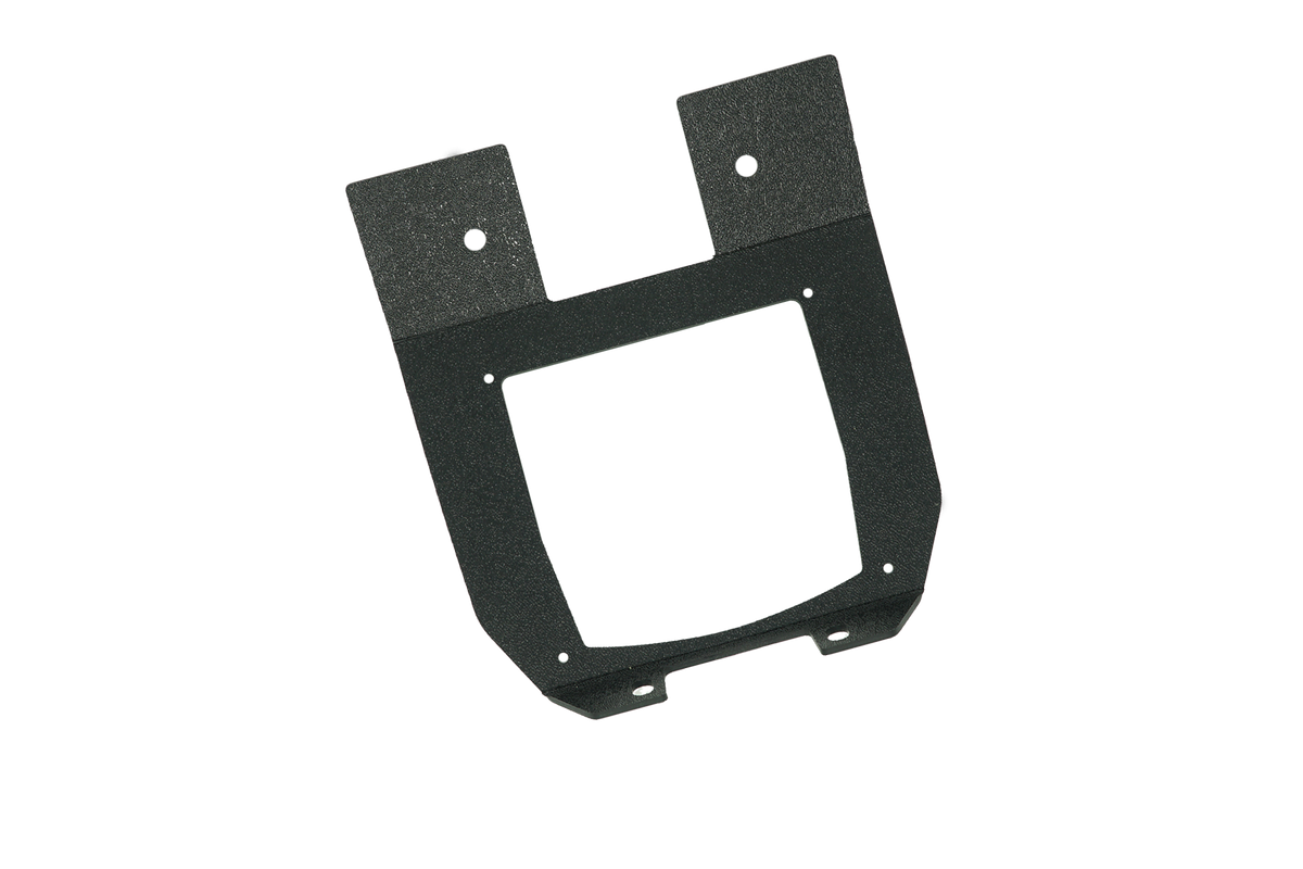 UTV Stereo black metal mounting bracket with central square cutout and mounting holes