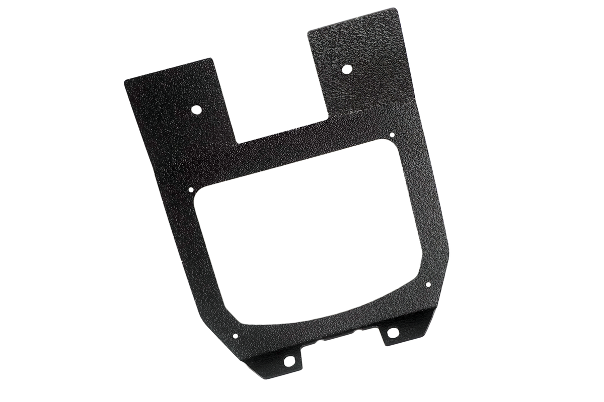 Black textured metal mounting bracket with central cutout and multiple bolt holes