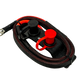 Remote battery charging posts with red and black protective caps and braided cables