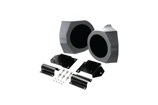 UTV Stereo speaker pods with black metal mounting brackets and hardware