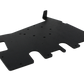 Black powder coated metal mounting plate with pre drilled holes and cutouts