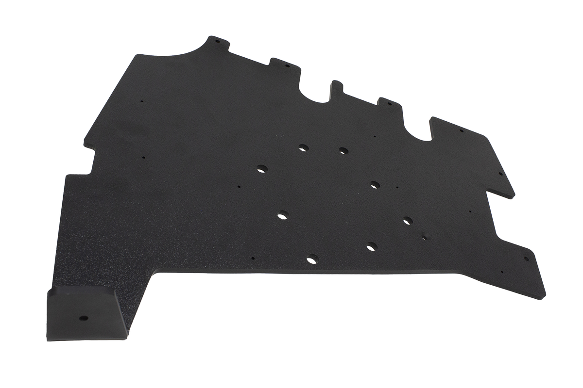 Black textured metal mounting plate with circular cutouts and predrilled holes