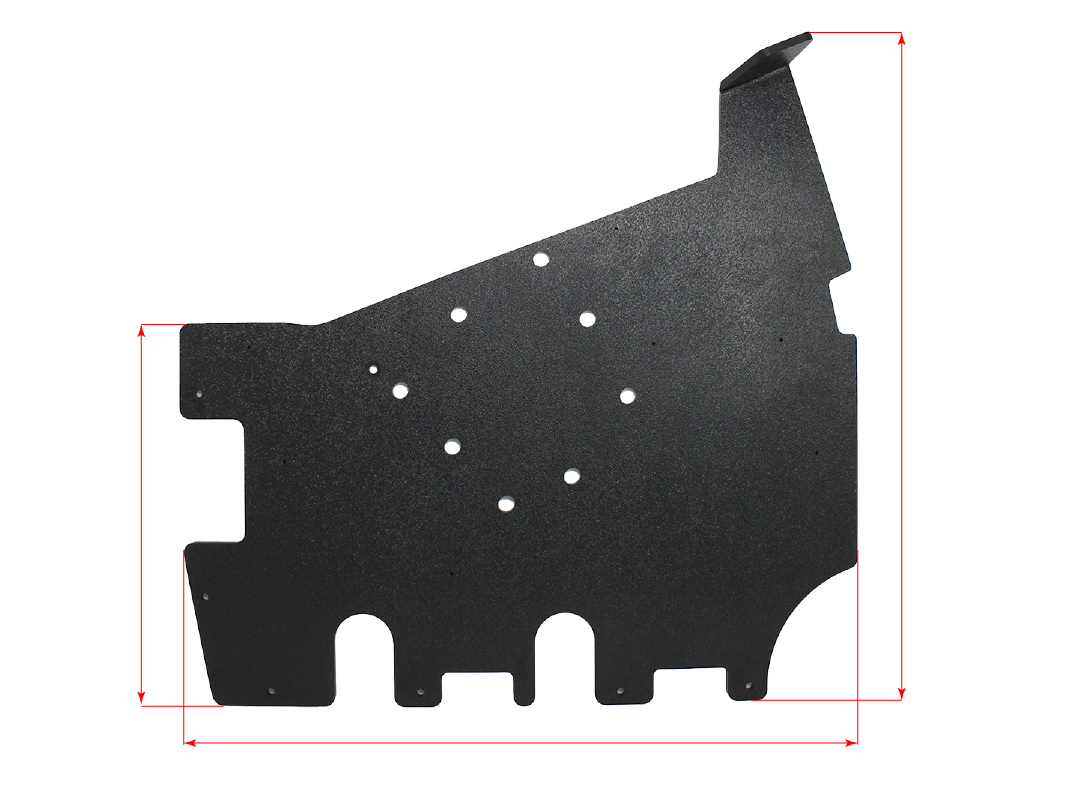 Black metal mounting bracket with dimension lines