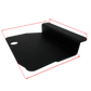 Black metal skid plate with red dimension lines indicating length and width