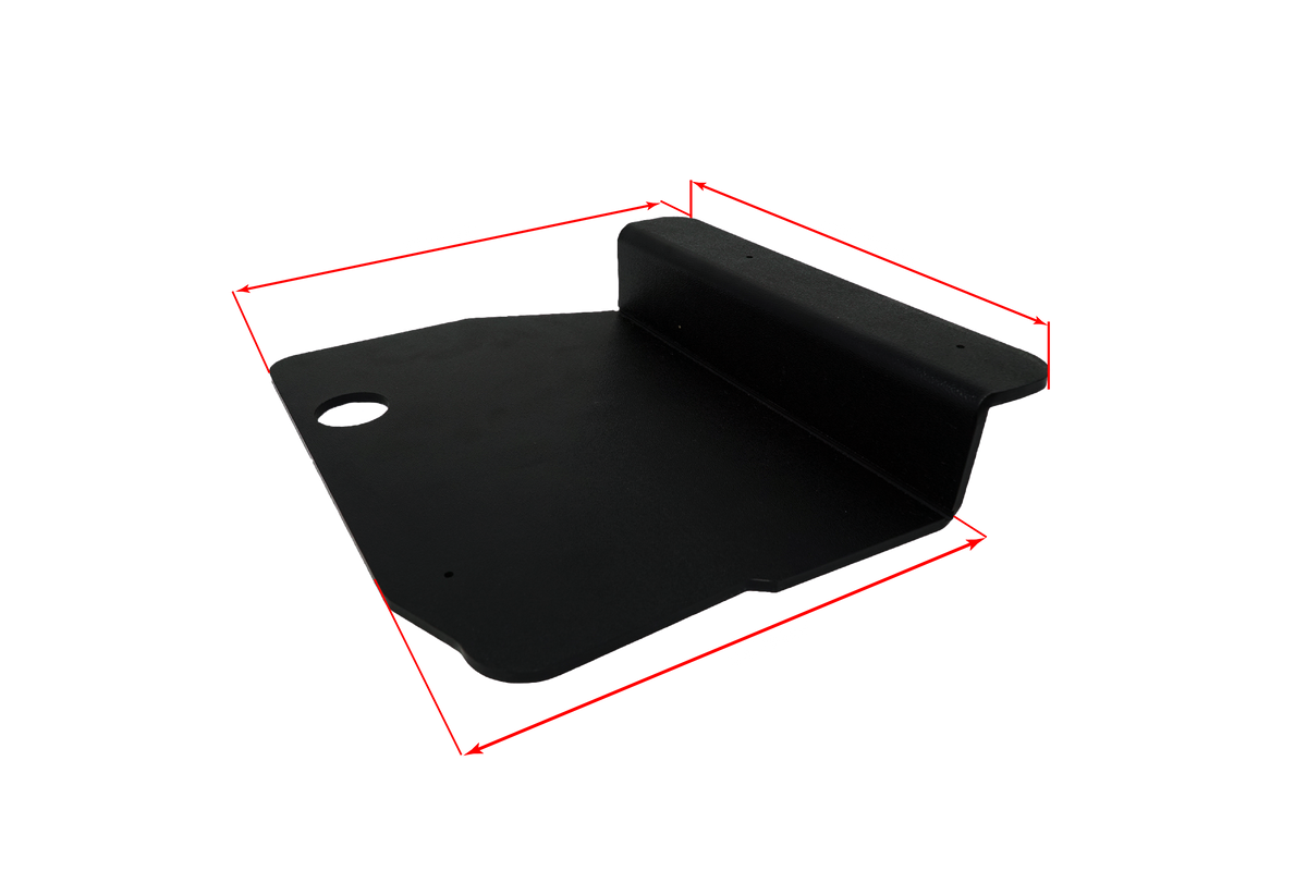 Black metal skid plate with red dimension lines indicating length and width