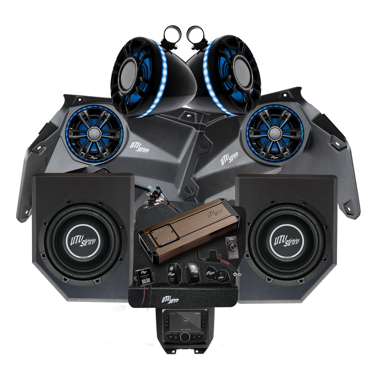 UTV Stereo audio system bundle including speakers, subwoofers, amplifier, and head unit