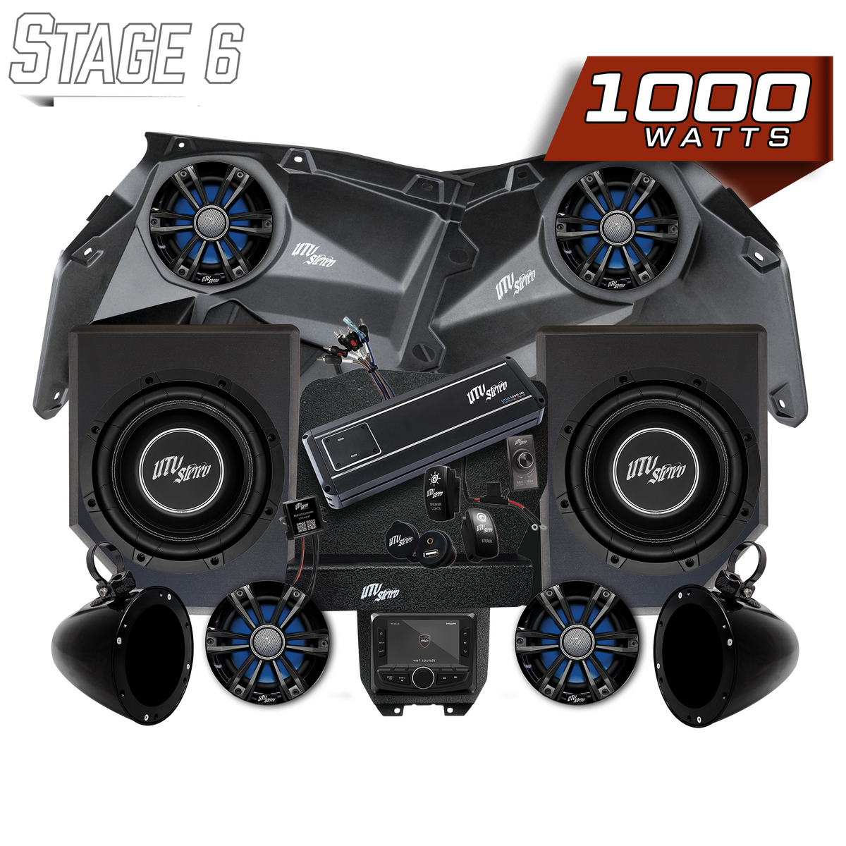 UTV Stereo Stage 6 audio system with speakers, subwoofers, amplifier, and head unit