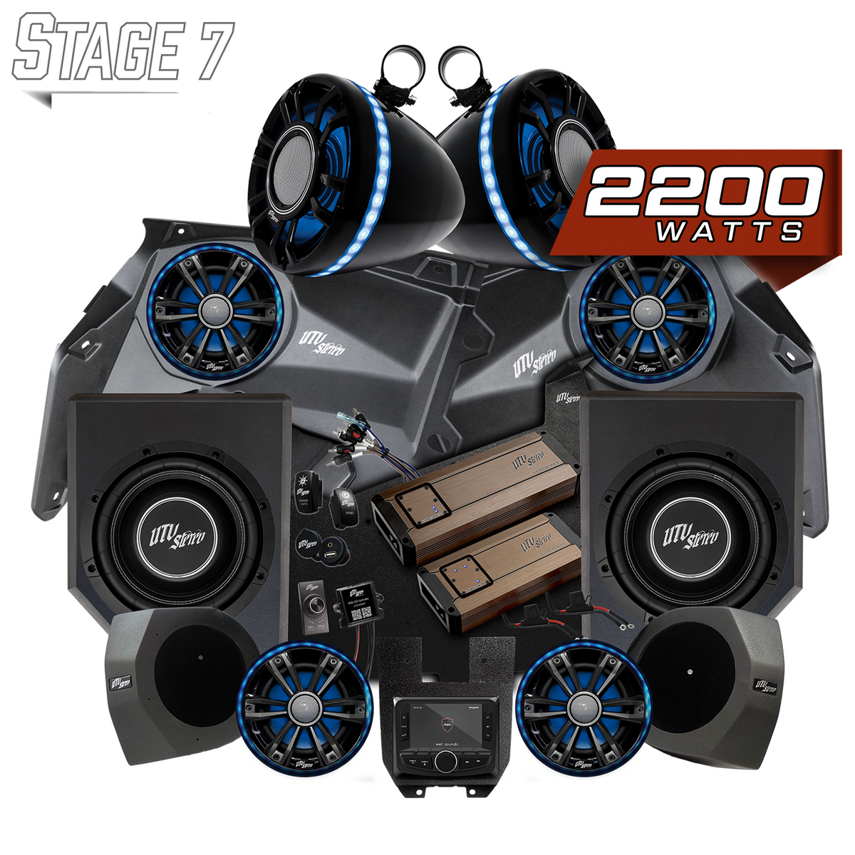UTV Stereo Stage 7 2200 watt audio system bundle with speakers subwoofers amplifiers and head unit
