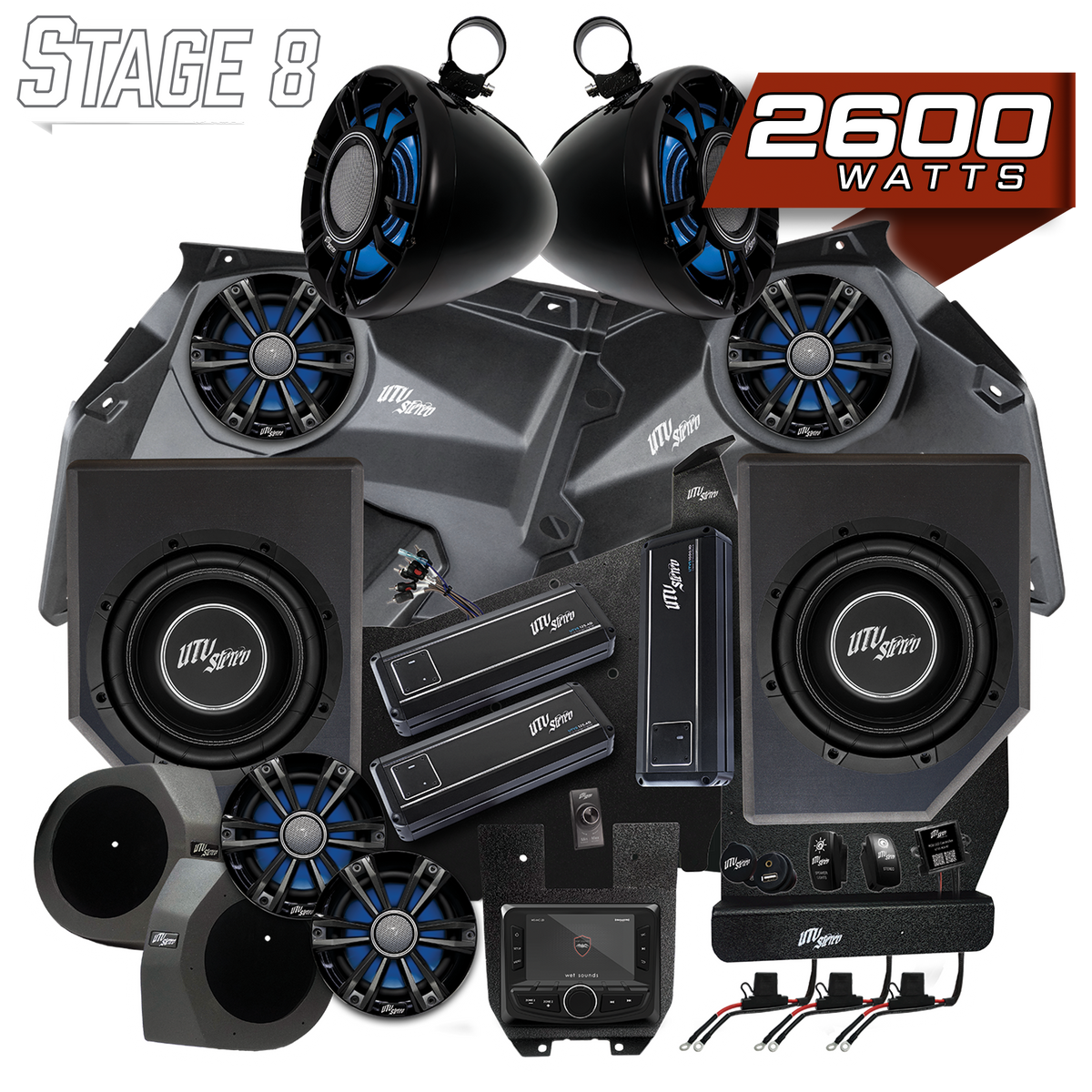 UTV Stereo Stage 8 audio system kit with speakers, subwoofers, amplifiers, and head unit
