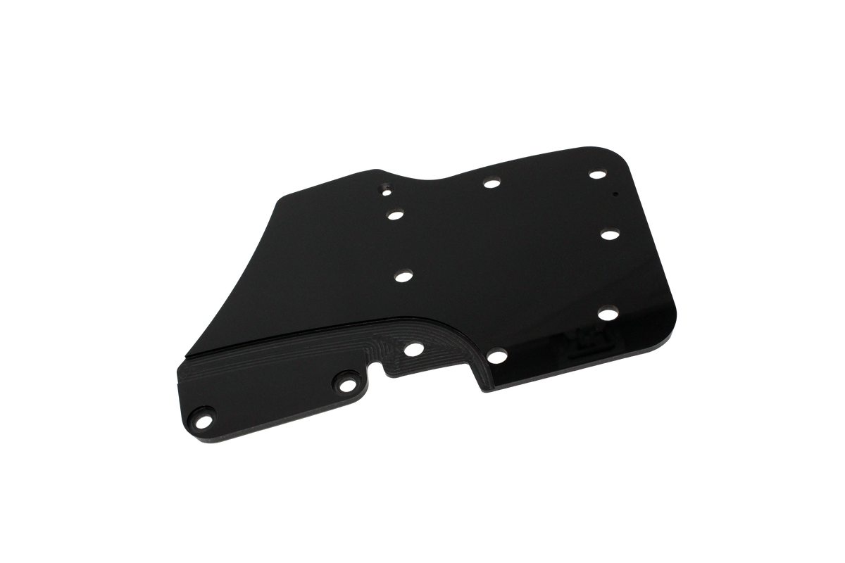 Black metal mounting plate with multiple circular holes