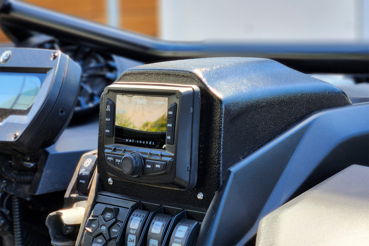 Wet Sounds head unit mounted in a UTV Stereo dash kit