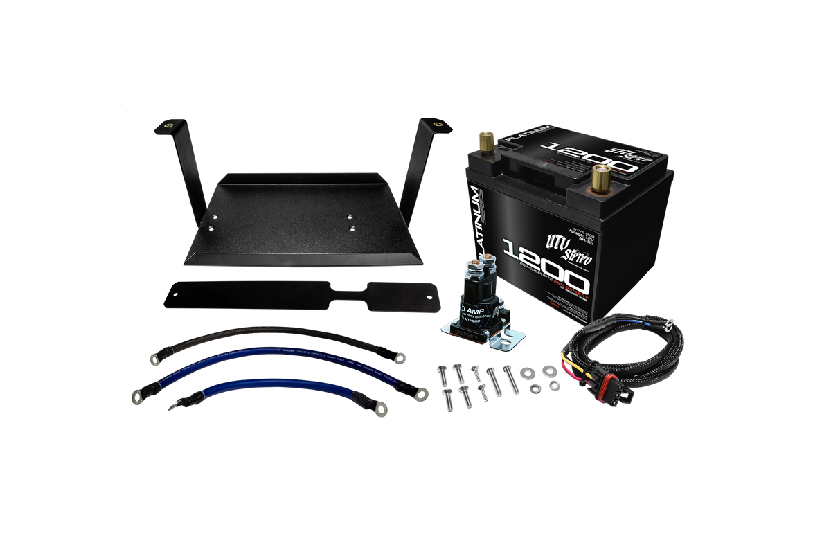 UTV Stereo battery kit with mounting bracket, AGM battery, isolator, cables, and hardware