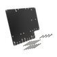 Black metal mounting plate with pre-drilled holes and a set of assorted metal screws
