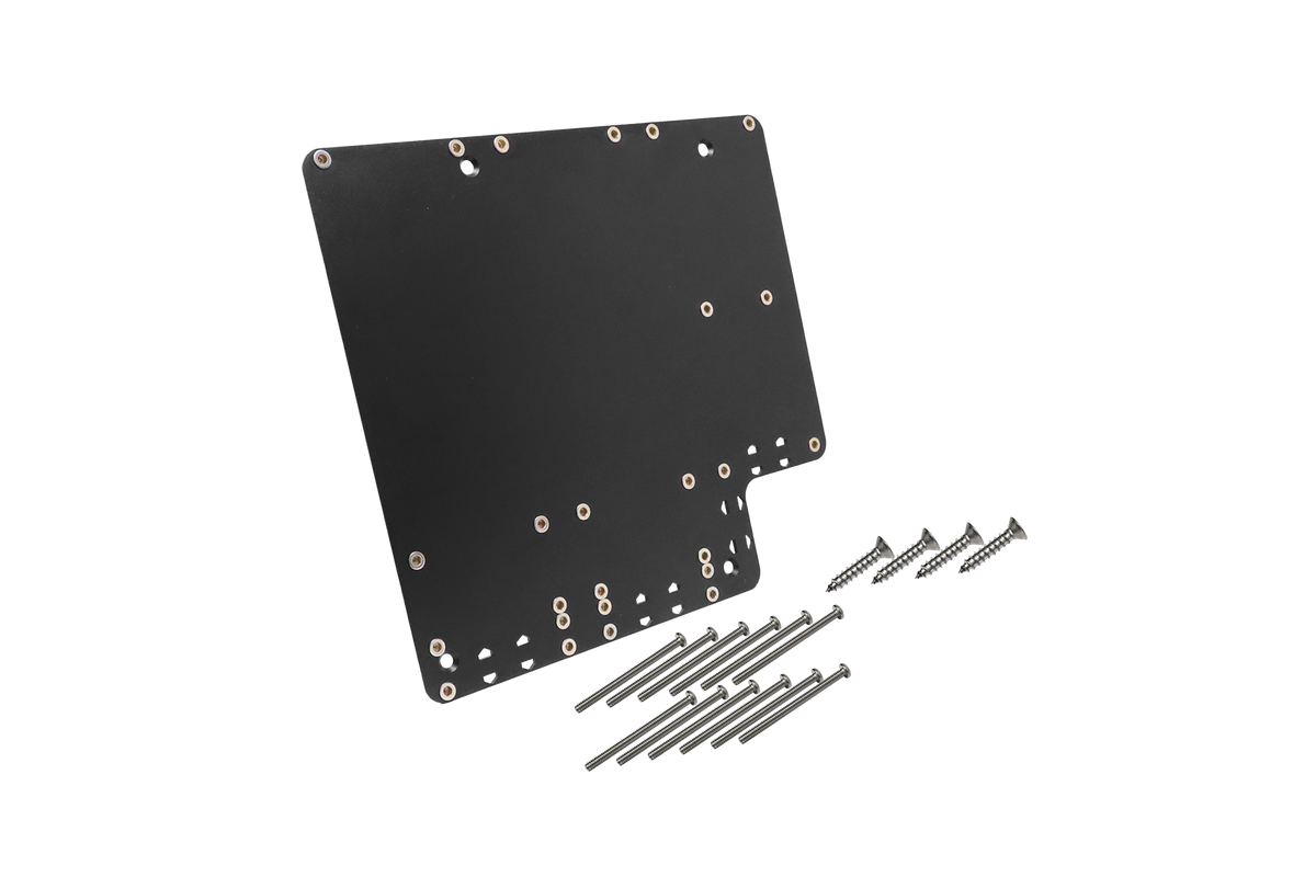 Black metal mounting plate with pre-drilled holes and a set of assorted metal screws