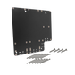 Black metal mounting plate with multiple screw holes and a set of assorted metal screws