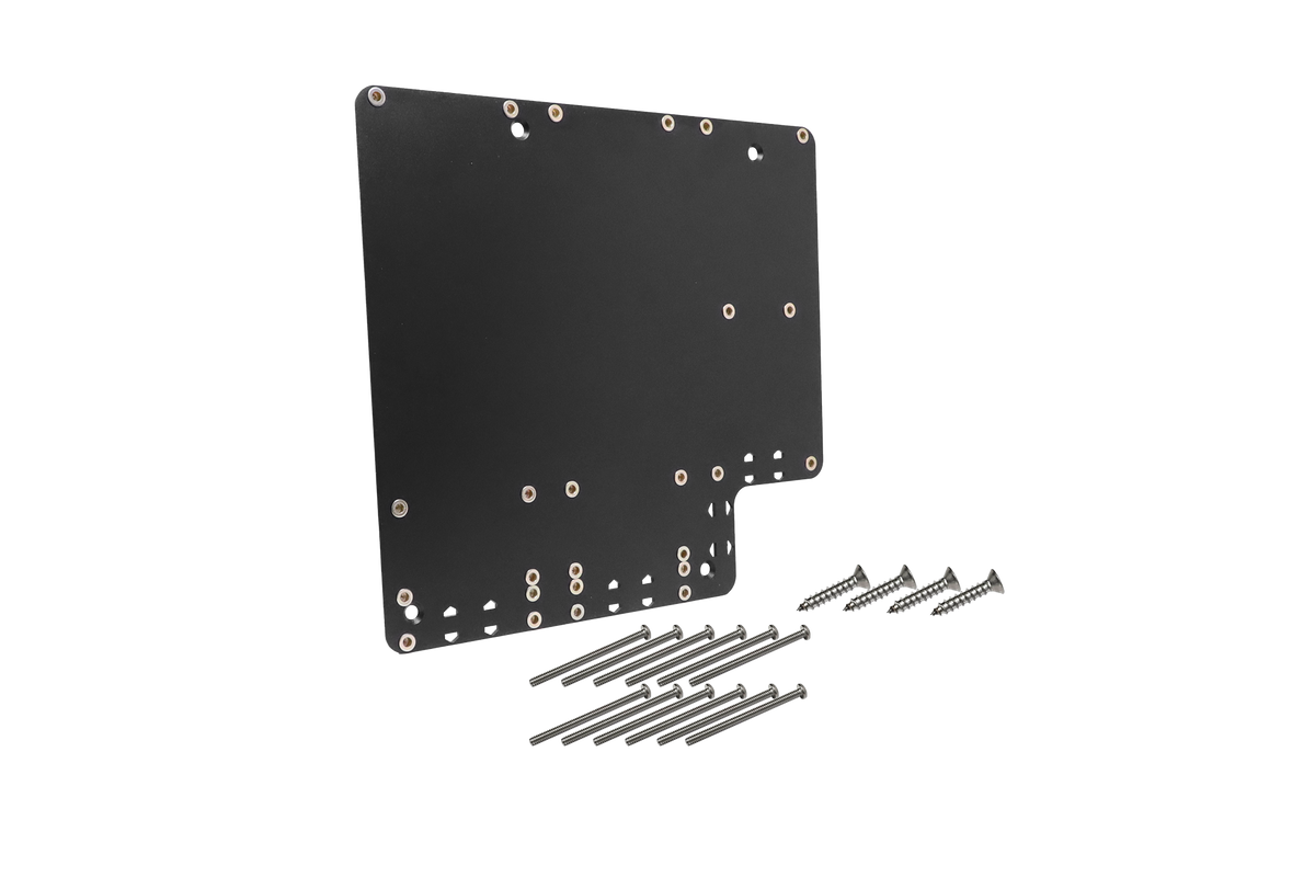 Black metal mounting plate with multiple screw holes and a set of assorted metal screws