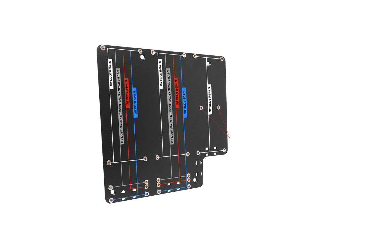 UTV Stereo black metal mounting plate with model labels and mounting holes