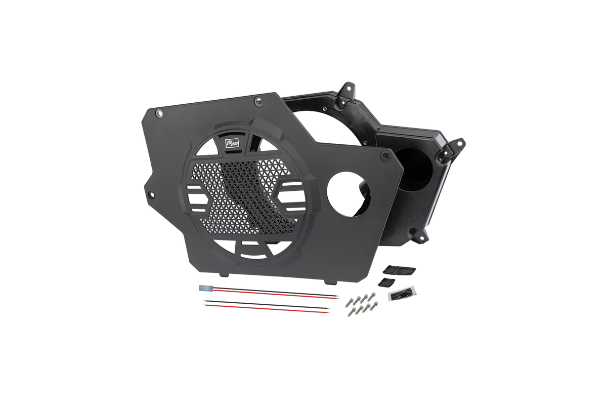 UTV Stereo black speaker enclosure with mounting hardware and wiring