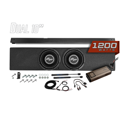 UTV Stereo dual 10 inch subwoofer enclosure with 1200 watt amplifier and installation hardware