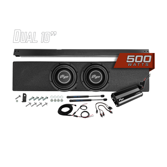 UTV Stereo dual 10 inch subwoofer enclosure kit with 500 watt amplifier and installation hardware