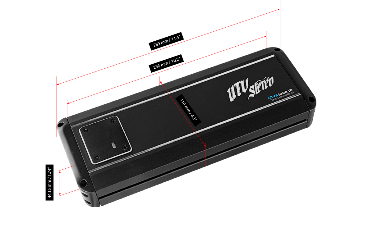UTV Stereo UTVS1000.1D Class-D monoblock amplifier with dimension measurements in millimeters and inches