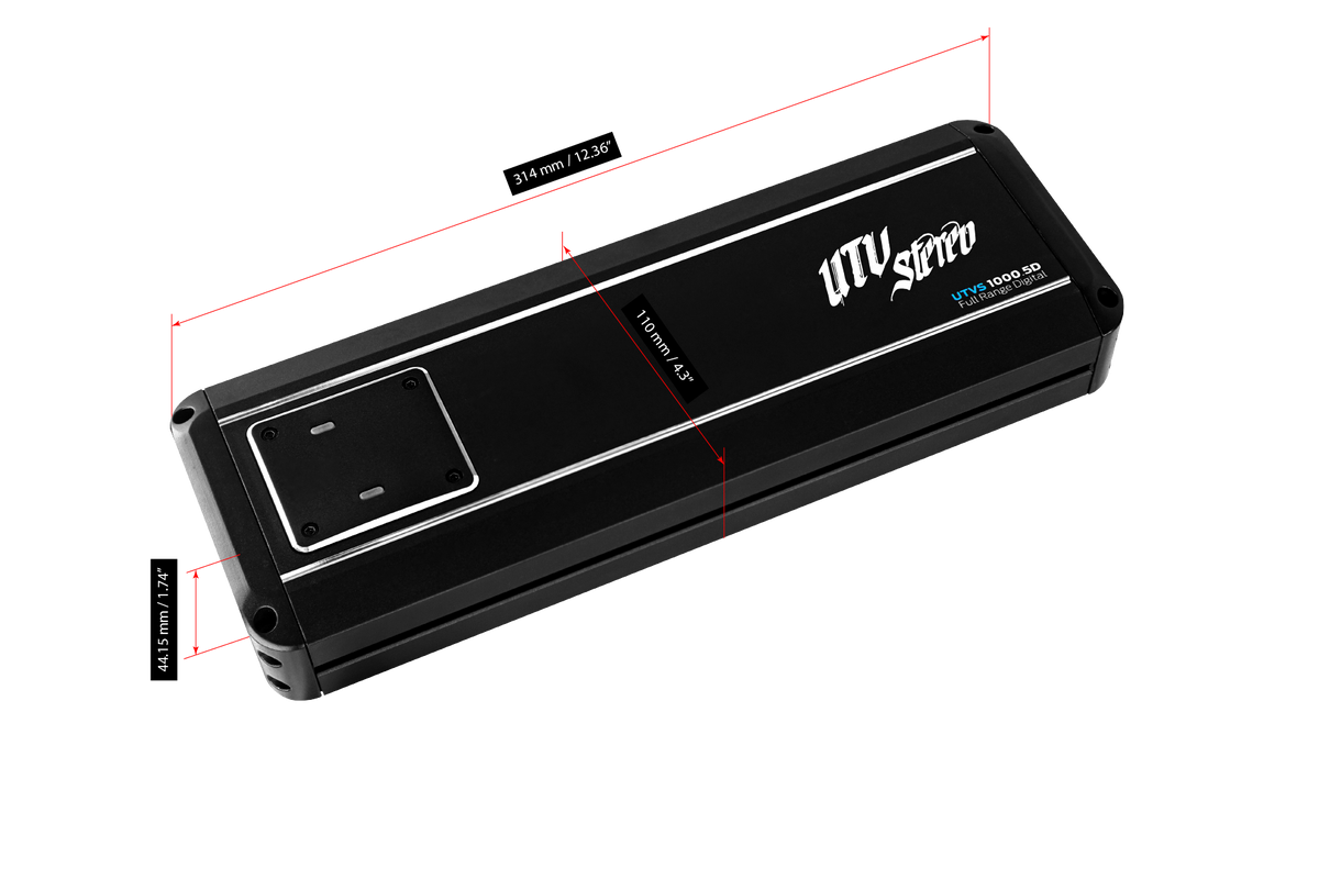 UTV Stereo UTVS 1000.5D digital amplifier with dimensions labeled in millimeters and inches