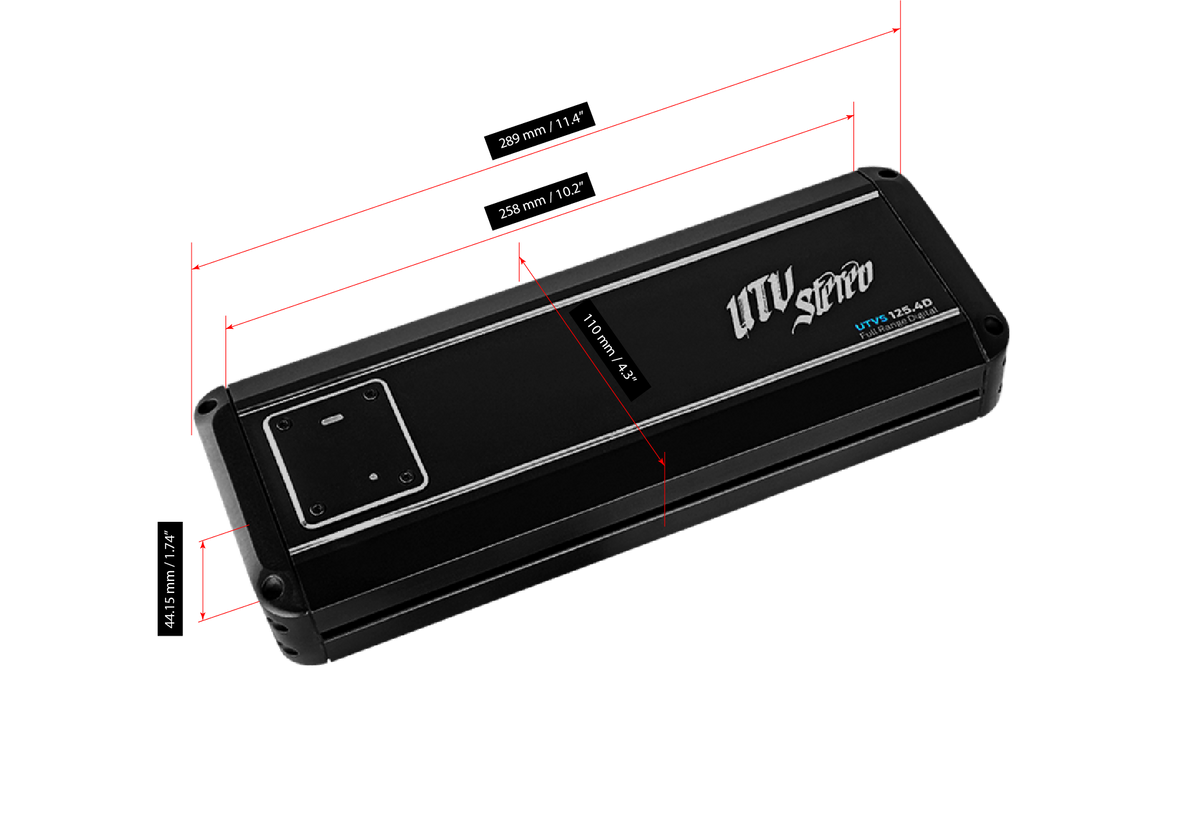 UTV Stereo 125.4D amplifier with technical dimension labels in millimeters and inches