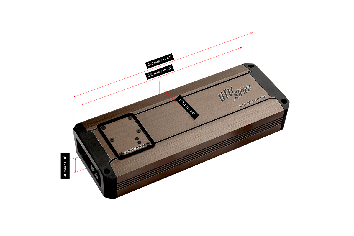 UTV Stereo Elite Series amplifier with technical dimension labels in millimeters and inches