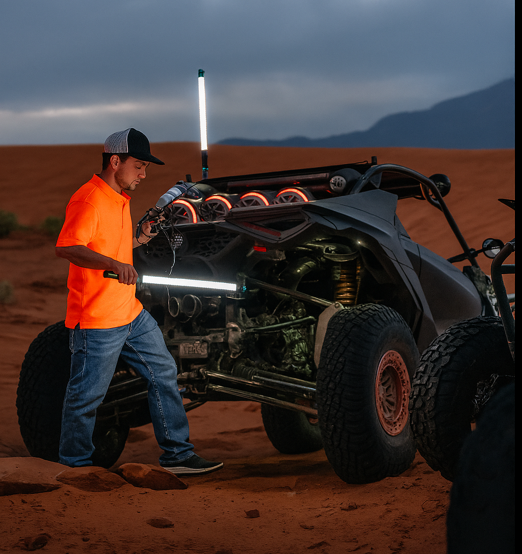 A person holding a work light next to a UTV as an alternative light source