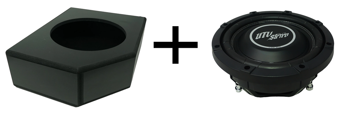 Empty black subwoofer enclosure and UTV Stereo Low Pro subwoofer