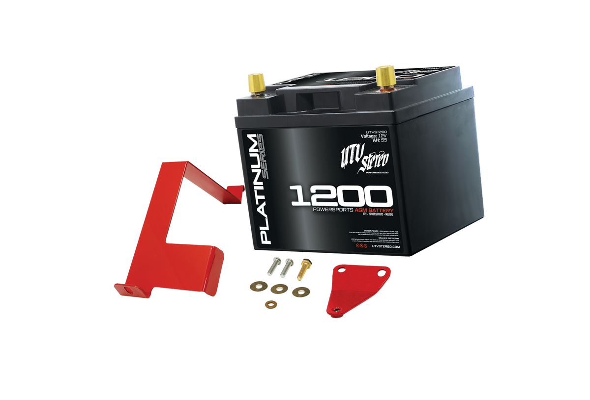 UTV Stereo Platinum Series 1200 AGM battery with red mounting bracket and hardware