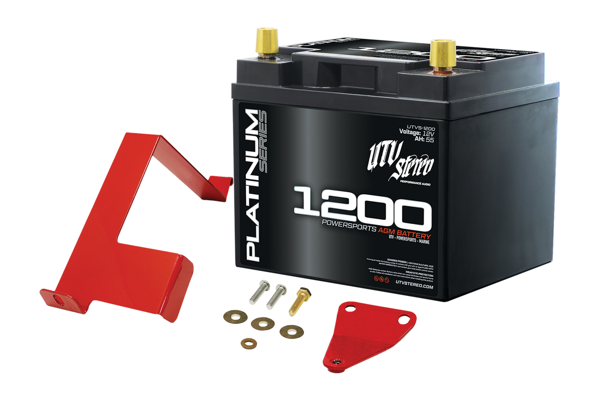 UTV Stereo Platinum Series 1200 AGM battery with red metal mounting brackets and hardware