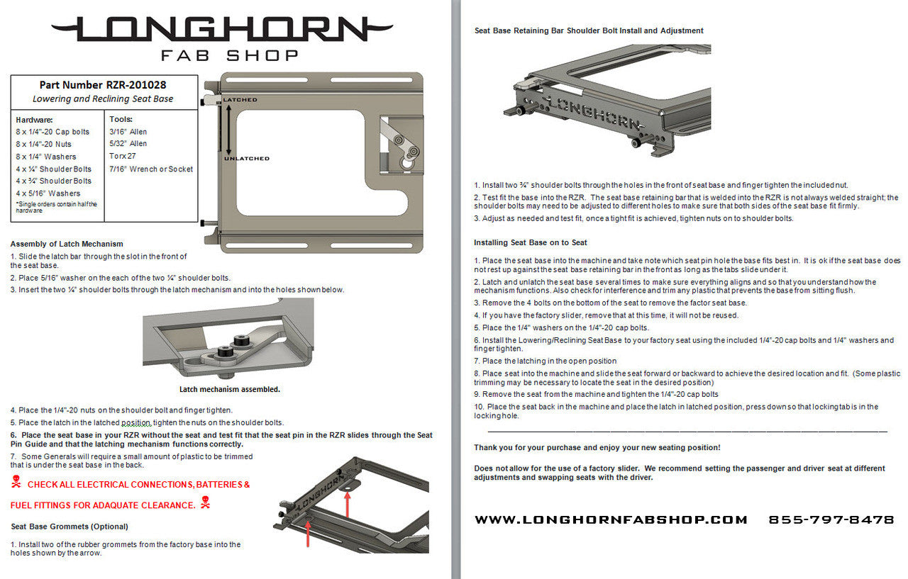 Longhorn Fab RZR Seat Base - Lower and Recline Pair