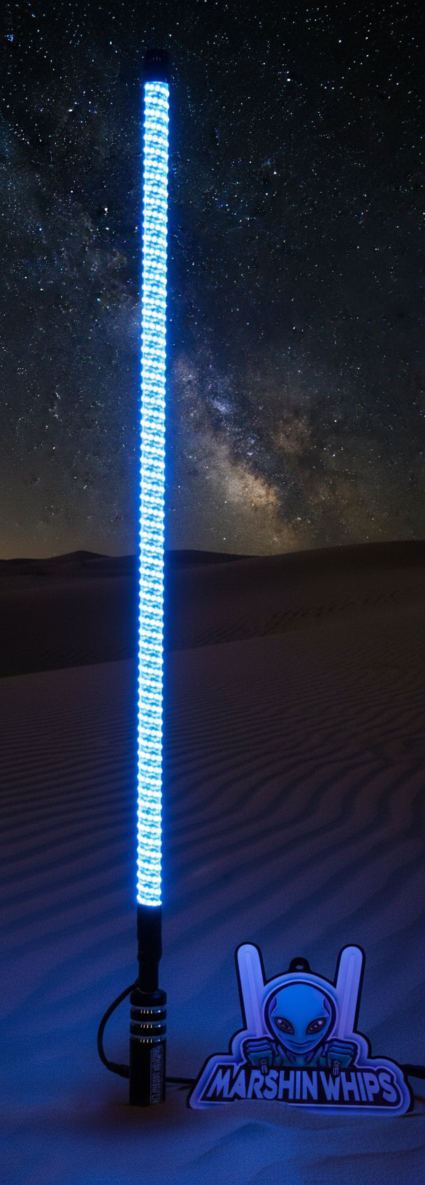 LED light saber with blue background and 'Marshin Whips' logo.