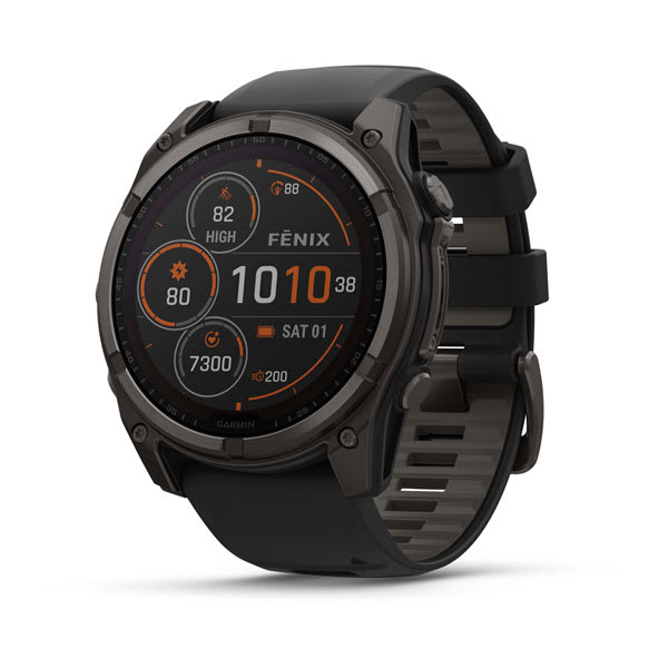 fēnix® 8 – 51 mm, Solar, Sapphire, Carbon Gray DLC Titanium with Black/Pebble Gray Silicone Band