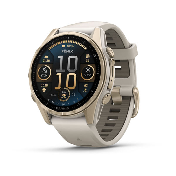 fēnix® 8 – 43 mm, AMOLED, Sapphire, Soft Gold with Fog Gray/Dark Sandstone Silicone Band
