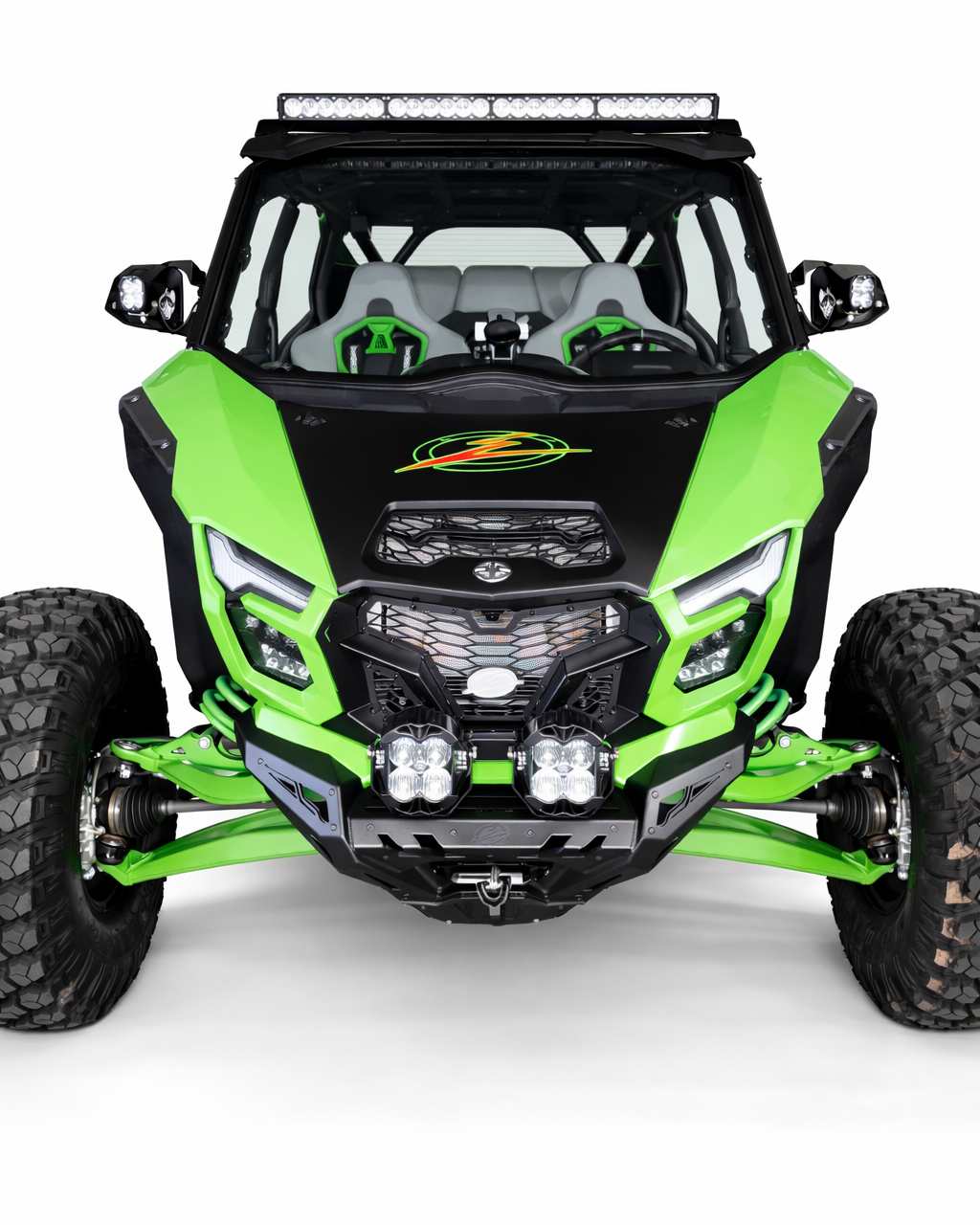 Three-piece construction detail on Kawasaki Teryx H2 Volt front grille showing airflow design