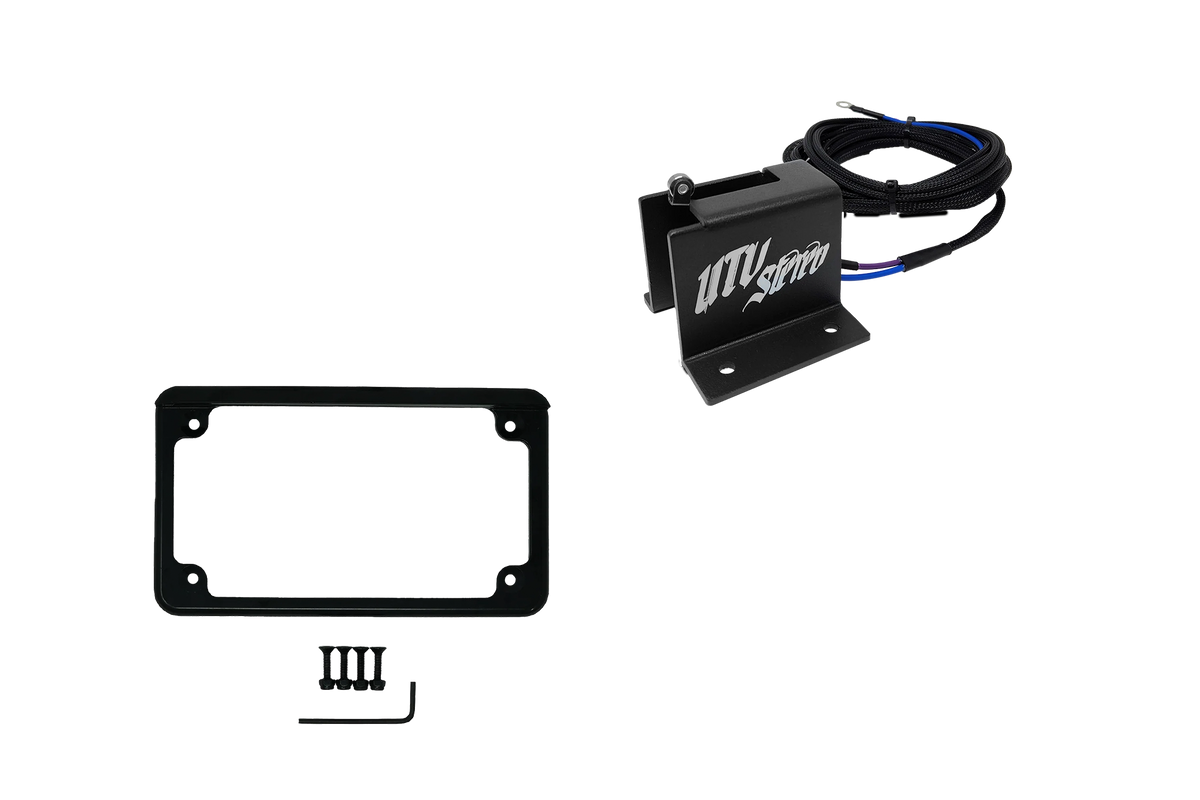 UTV Stereo license plate mount with wiring harness and black frame with mounting hardware
