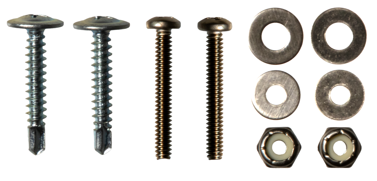 Two self-drilling screws, two machine screws, four flat washers, and two nylon insert lock nuts