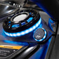 UTV Stereo speaker system with blue LED ring lighting installed in a vehicle dashboard