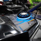UTV Stereo speaker with blue LED ring light installed on a vehicle dashboard