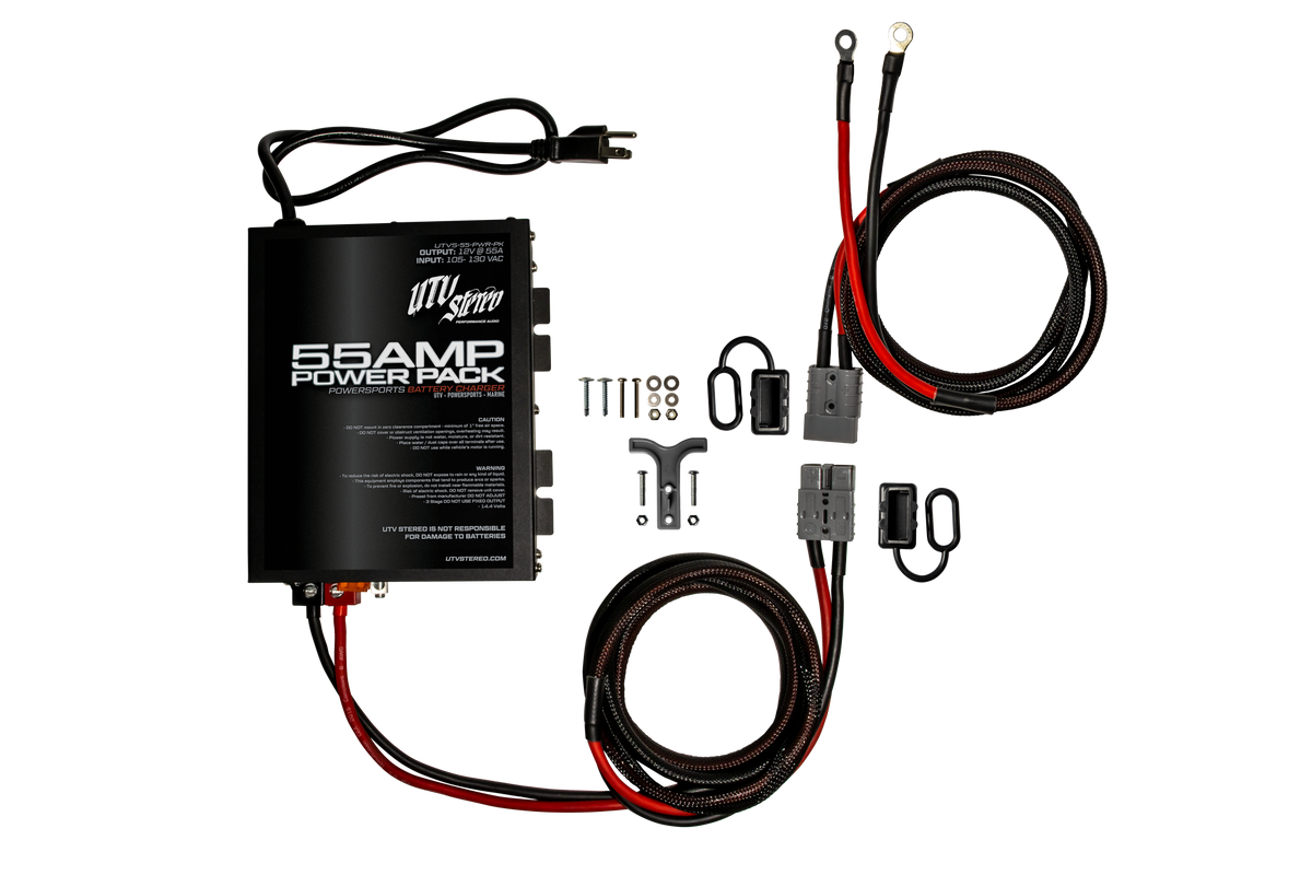 UTV Stereo 55 amp power pack battery charger kit with cables and mounting hardware