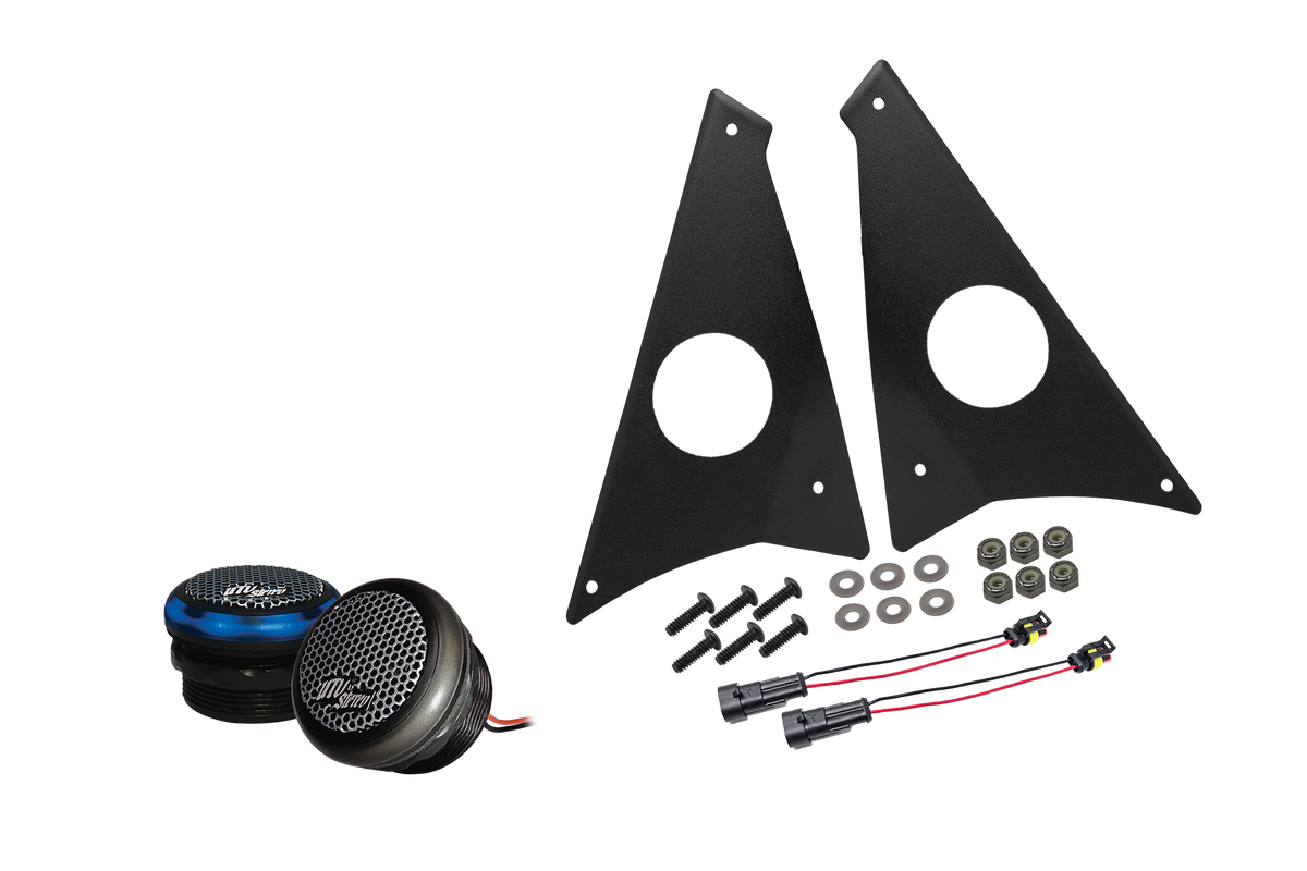 UTV Stereo speaker mounting kit with two speakers, two black metal brackets, screws, washers, and wiring harnesses